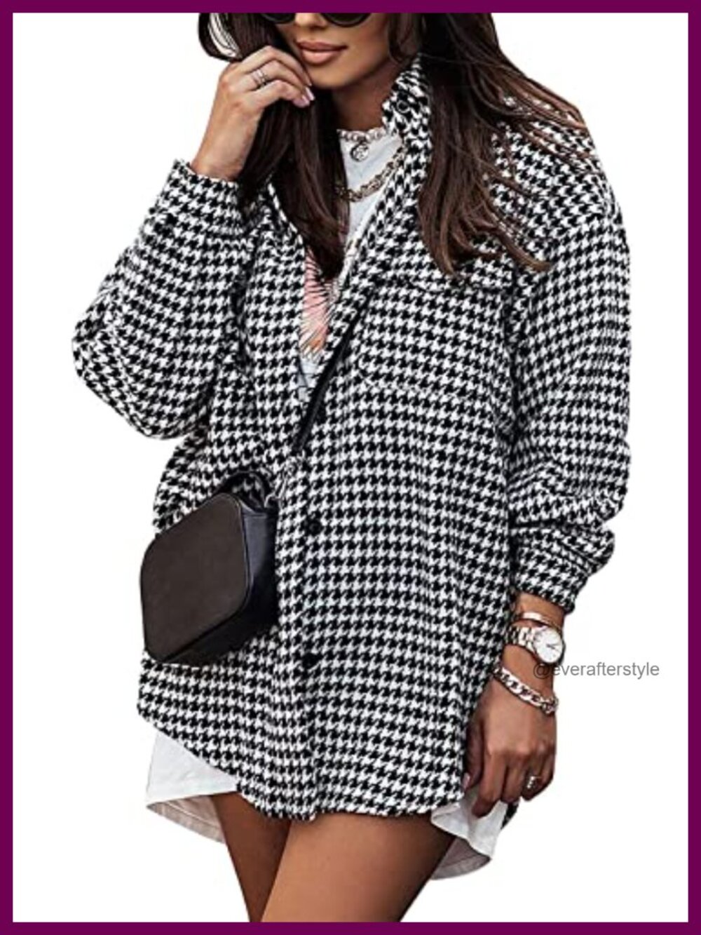 Houndstooth Plaid Shacket Button Down Casual Fall Coat